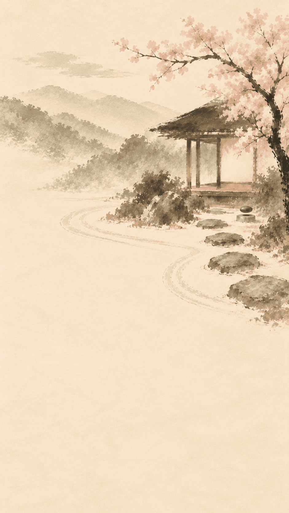 Painted zen garden: raked sand, stepping stones and a tea house under a cherry tree